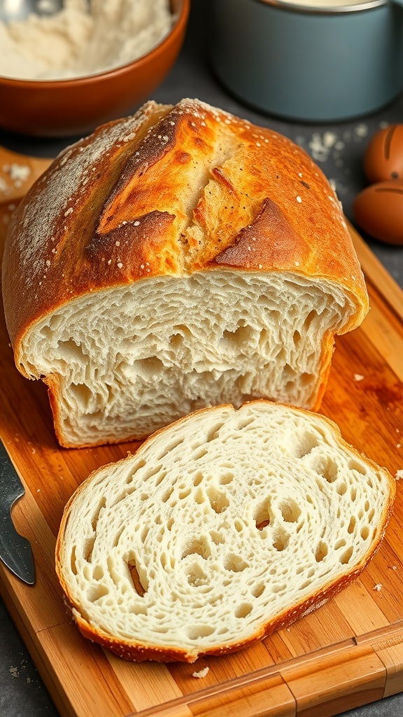 Homemade Sourdough Bread with All-Purpose Flour A golden-brown sourdough bread loaf on a cutting board, sliced to reveal its airy crumb, with a rustic kitchen backdrop.